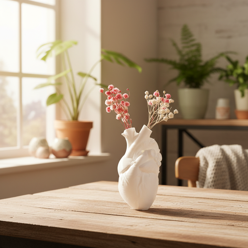 Jarrón corazón con flores inmortalizadas sobre mesa de madera con luz natural